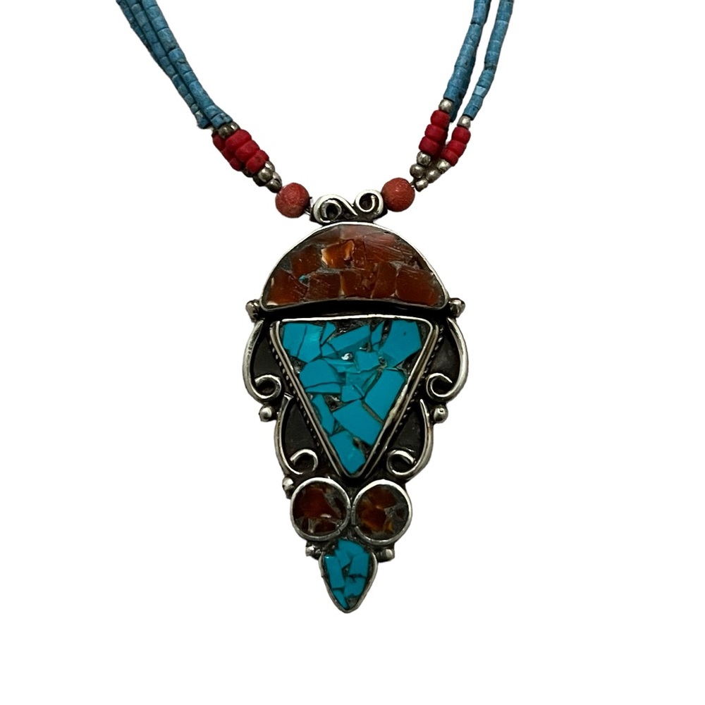 Turquoise, Red, Orange Stone + Beaded Hook 10” Necklace